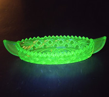 Uranium Green Depression Glass Oval Relish / Celery Dish with Diamond Block Pattern