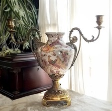 Ornate Porcelain and Brass Twin-Handled Urn Vase with Gold Damask Floral Decoration
