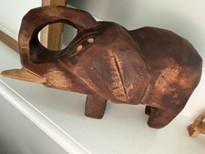 Carved Wood Elephant Figurine with White Floral Inlay Decoration — listing 3