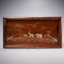 Marquetry Wood Inlay Wall Panel Depicting Elephants in a Jungle Landscape