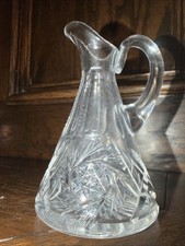 Antique Cut Glass Oil Cruet Jug, Clear Crystal with Star and Fan Motif, Trefoil Spout, 5.75" Tall — listing 2