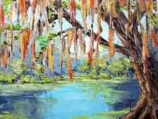 Framed Southern Landscape Painting — Horseman with Dogs Under Live Oaks with Spanish Moss — listing 3