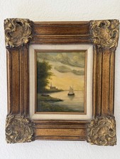 Antique Oil Painting Coastal Harbor Scene with Figures, Signed, in Ornate Gilt Frame — listing 5