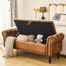 Cognac Brown Leather Upholstered Storage Ottoman / Footstool — listing 2