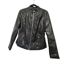 Baccini Women's Burgundy Faux Leather Moto Jacket with Gold Zippers