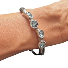 Uno de 50 Silvertone Beaded Leather Bracelet with Blue Glass Stone, 7.5" — listing 2