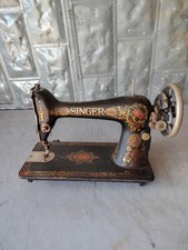 Antique Singer Electric Sewing Machine Head with Red Eye Decals, on Wood Base