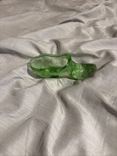 Emerald Green Pressed Glass Figural Witch/Cat Shoe with Daisy & Button Design and Pom-Pom Toe — listing 3