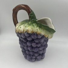Vintage Majolica-Style Grape & Leaf Relief Pitcher, Brown & Green Drip Glaze — listing 4