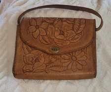 Vintage Hand-Tooled Leather Purse with Wooden Handle, Indian Krishna & Radha Motif — listing 5