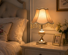 Vintage Stacked Crystal Glass Table Lamp with Pleated Silk Shade — listing 3