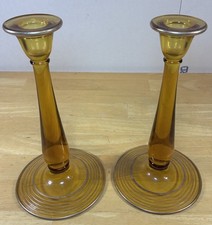 Pair of Amber Glass Candlesticks with Encrusted Gold Gilt Bands