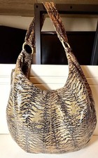 Tan Pebbled Leather Slouchy Hobo Shoulder Bag with Snakeskin Flap Accent — listing 2