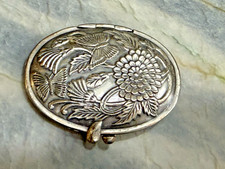 Repoussé Silver Round Compact or Trinket Box with Floral Scroll Design and Barbed Wire Border — listing 5