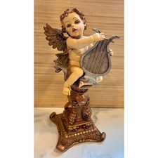 Vintage Cherub Angel Playing Lyre Figurine, Matte White Bisque/Chalkware — listing 2