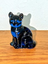 Fenton Art Glass Cobalt Blue Hand-Painted Sitting Cat Figurine — listing 2