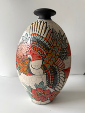 Vintage Cylindrical Ceramic Vase with Raised Bird & Floral Motif and Gilt Rim