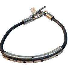 Sterling Silver 925 Black Leather Cuff Bracelet with Openwork Filigree ID Bar, 1/2" Wide — listing 2