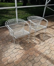 Vintage Wrought Iron Mesh Patio Dining Set - Round Table with 4 Springer Rocker Chairs and Red Cushions — listing 6