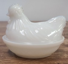 Vintage Milk Glass Hen on Nest Covered Dish with Basketweave Base — listing 2
