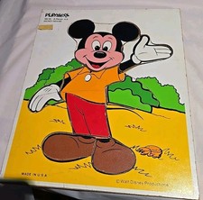 Lot of 3 Vintage Playskool Wooden Tray Puzzles - Mickey Mouse, Garden Puppy, Farm