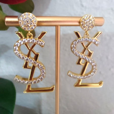 YSL Vintage Gold-Tone Navy Enamel Logo Clip-On Earrings — listing 4