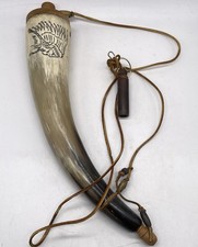 engraved powder horn Scrimshaw Powder Horn with Engraved Eagle and 'Behold Pilgrim' Inscription — listing 6
