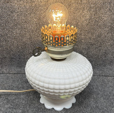 Vintage Mid-Century Milk Glass Fluted Column Boudoir Table Lamp with Marble Base and Ruffled Drum Shade — listing 6