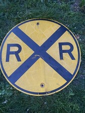 Vintage Round Railroad Crossing (RXR) Highway Warning Sign, Yellow & Black Steel — listing 2