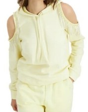 INC International Concepts Pale Yellow Rhinestone Fringe Hoodie, Size XS