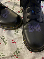 Dr. Martens Black Leather Cap-Toe Lace-Up Combat Boots with Satin Ribbon Laces