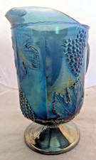 Indiana Glass Blue Iridescent Carnival Glass Pitcher Harvest Grape Pattern