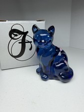 Fenton Art Glass Cobalt Blue Hand-Painted Sitting Cat Figurine