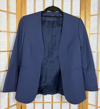 Navy Blue Collarless Tailored Blazer Jacket with Textured Weave — listing 5