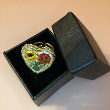 Antique Italian Micromosaic Floral Ring, Navette/Marquise Shape, Multicolored Glass Tesserae, Adjustable Band — listing 2