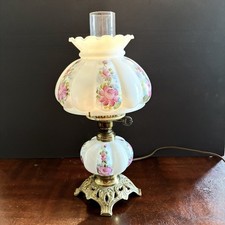 Vintage Hurricane / Gone With The Wind Style Electric Table Lamp with Hand-Painted Floral Milk Glass Shade — listing 5