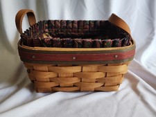 Longaberger Small Woven Basket with Leather Handle, Green/Red Trim, and Plastic Protector Insert — listing 5