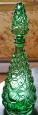 Vintage Emerald Green Glass Genie Bottle Decanter with Grape & Leaf Pattern and Ribbed Ball Stopper