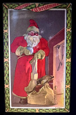 Antique 1909-1910 Embossed Christmas Postcard - Old World Santa Claus in Red Robe with Drum and Holly, Gold Background, Postally Used — listing 5