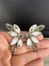 Vintage Rhinestone Floral Spray Clip-On Earrings