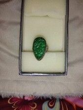 Chinese Yellow Gold Jade Cabochon Signet-Style Ring with Ornate Carved Shoulders 14K — listing 6