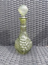 Vintage Emerald Green Glass Genie Bottle Decanter with Grape & Leaf Pattern and Ribbed Ball Stopper — listing 6