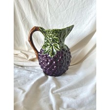 Vintage Majolica-Style Grape & Leaf Relief Pitcher, Brown & Green Drip Glaze — listing 6