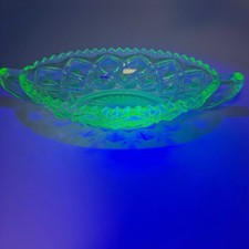 Vintage Uranium Green Depression Glass Twin-Handled Bowl, Paneled Form, 4.5 inches — listing 3