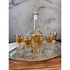 Vintage Gold Floral Band Cordial/Sherry Glasses with Decanter Set