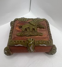 Vintage Carved Elephant Lidded Trinket Box with Repoussé Floral Metal Body — listing 2