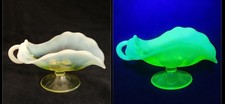 Vaseline / Uranium Glass Nappy Dish with Blue Opalescent Ruffled Rim and Applied Handle — listing 5