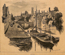 Hand-Colored Etching of the Belfry of Bruges (Beffroi), Signed 'Daviel' — listing 4