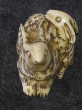 Japanese Carved Netsuke/Okimono Figure of a Child in Floral Kimono and Cap — listing 5