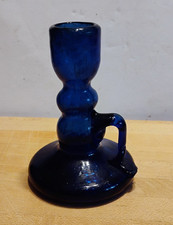 Antique Blue Glass Chamberstick Candle Holder with Gilt Grapevine Decoration — listing 2